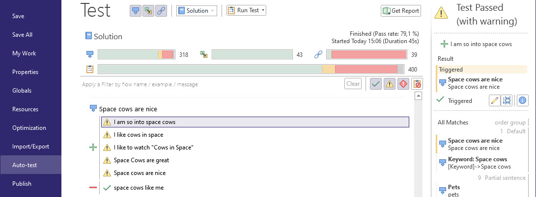 Auto-test results panel