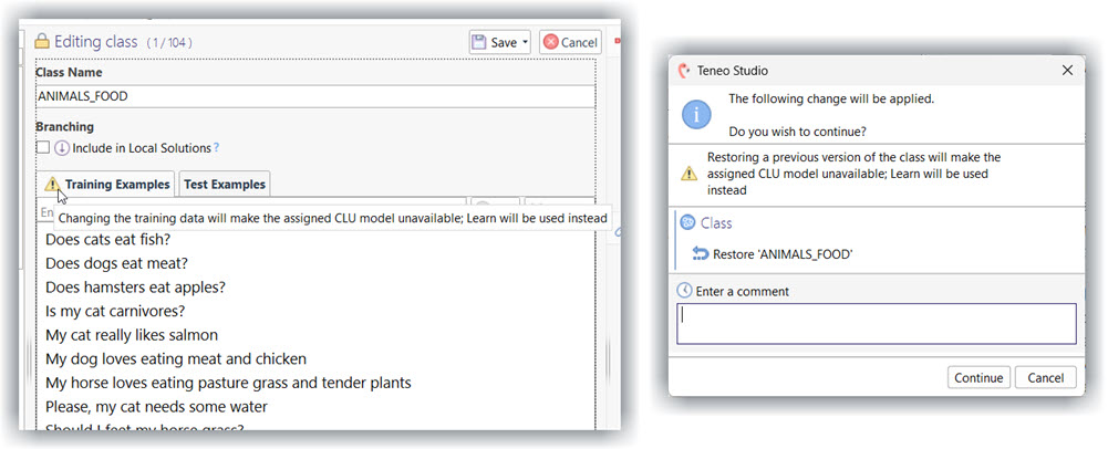 Examples of warnings related to the invalidation of the CLU model